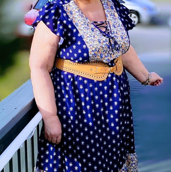 NEW NWT Plus Size Bloomchic Boho Print Ruffle Cap Sleeve Lace Up Dress - Picture 8 of 10